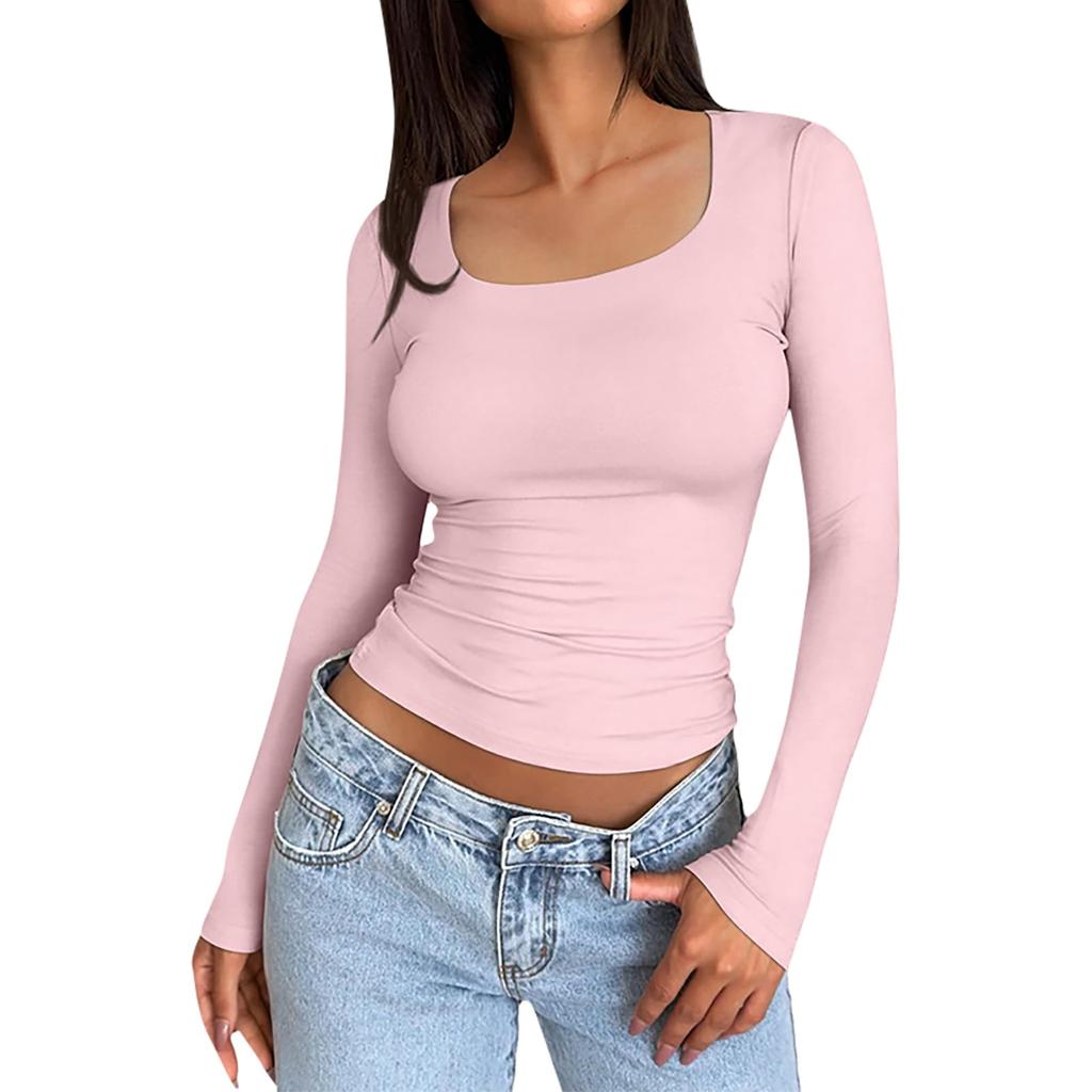 Women's Casual Color Square Neck Slim Fit Sexy Long Sleeve T-Shirt Top