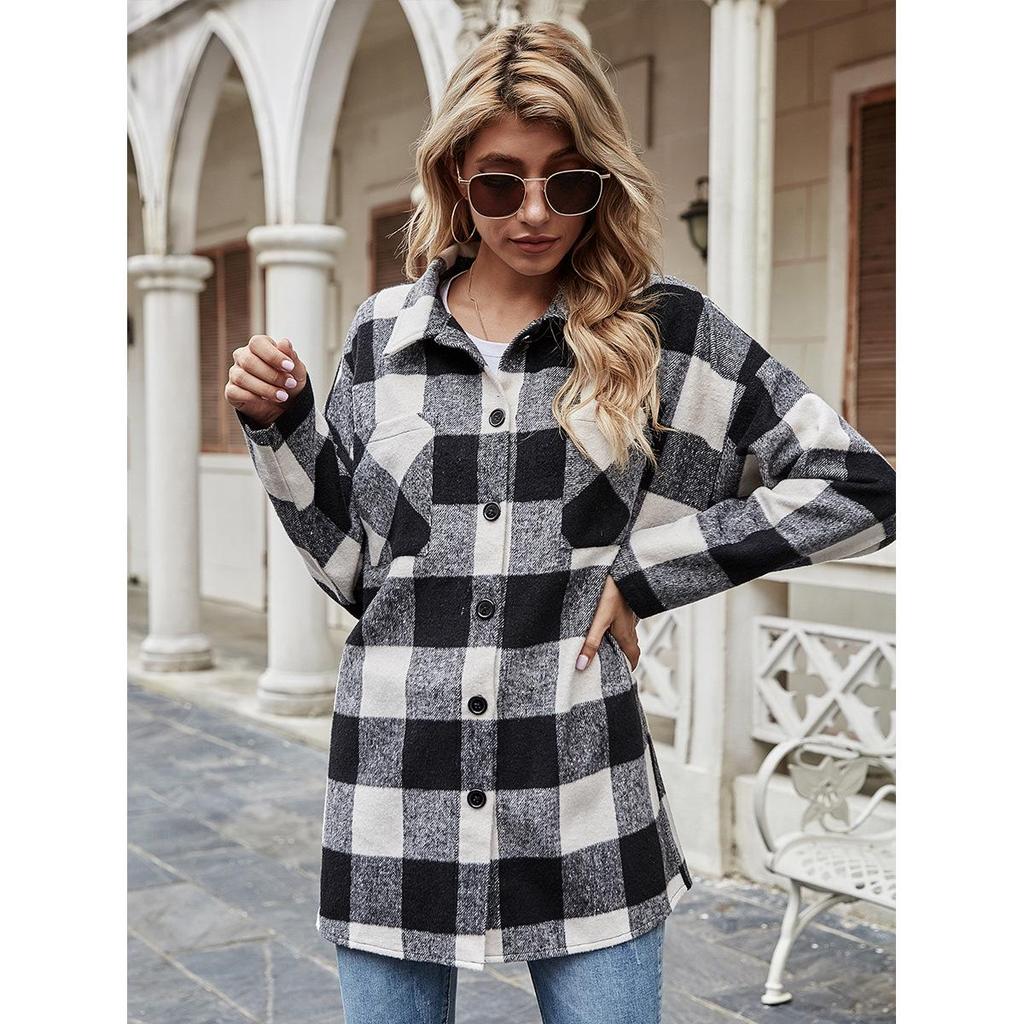 Women's Plaid Turn-Down Collar Loose Casual Jacket - European & American Autumn/Winter Fashion