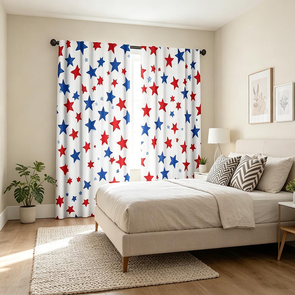 2PCS, Multi-color, Red and Blue Stars Pattern, Modern Style,  Flat Printed Curtains, 100% Polyester Fabric, Rod Pocket Style Flat