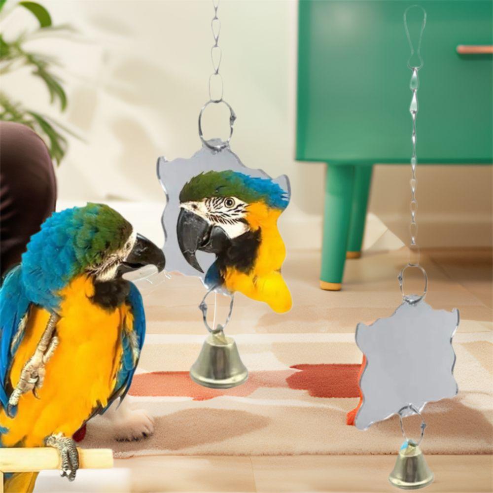 Pet Supplies Acrylic Bird Cage Mirror Hanging Square Parrot Bell Toy Durable Parrot Cage Toy for Parakeet Cockatiel Finch