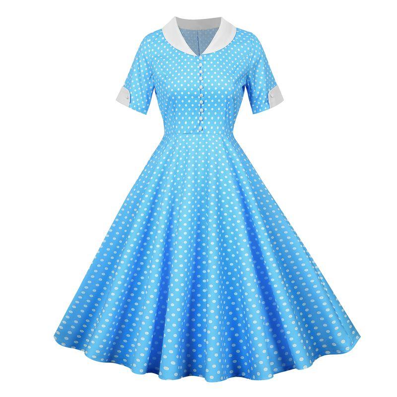 

Slim Looking Polka Dot V-neck Casual Short Sleeve Dress Sky Blue XL