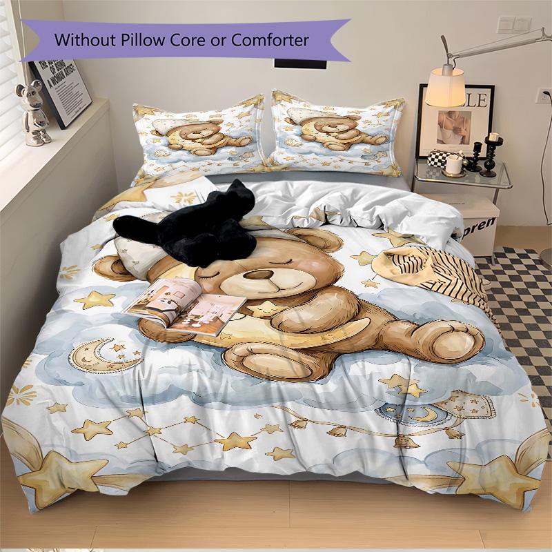 Teddy Bear Night Print 3Pcs Bedding Setduvet Cover With 2 Bedropillowcase Home Birthday Gift