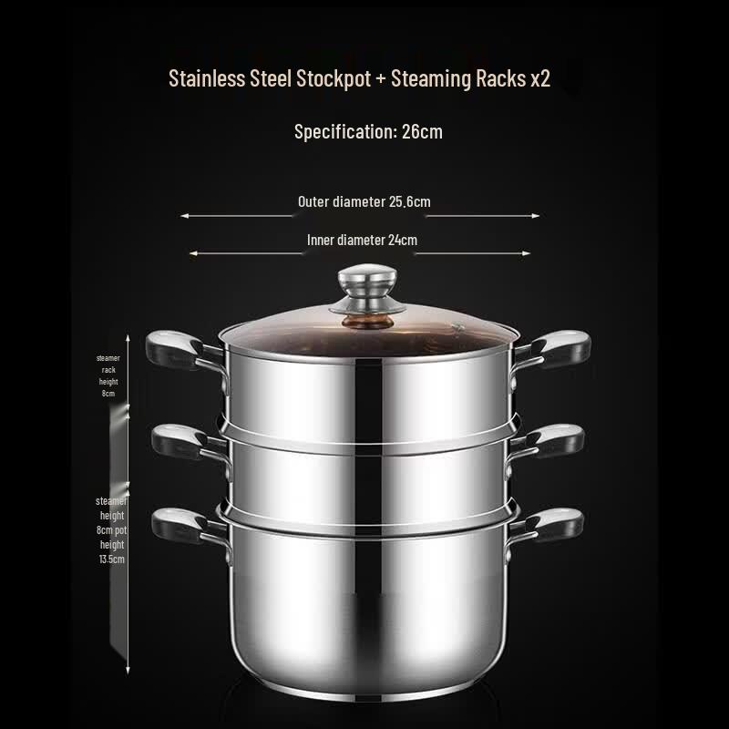 

HANDUNYOU 26cm Anti-Scalding Stainless Steel Soup Pot with 2 Steamers