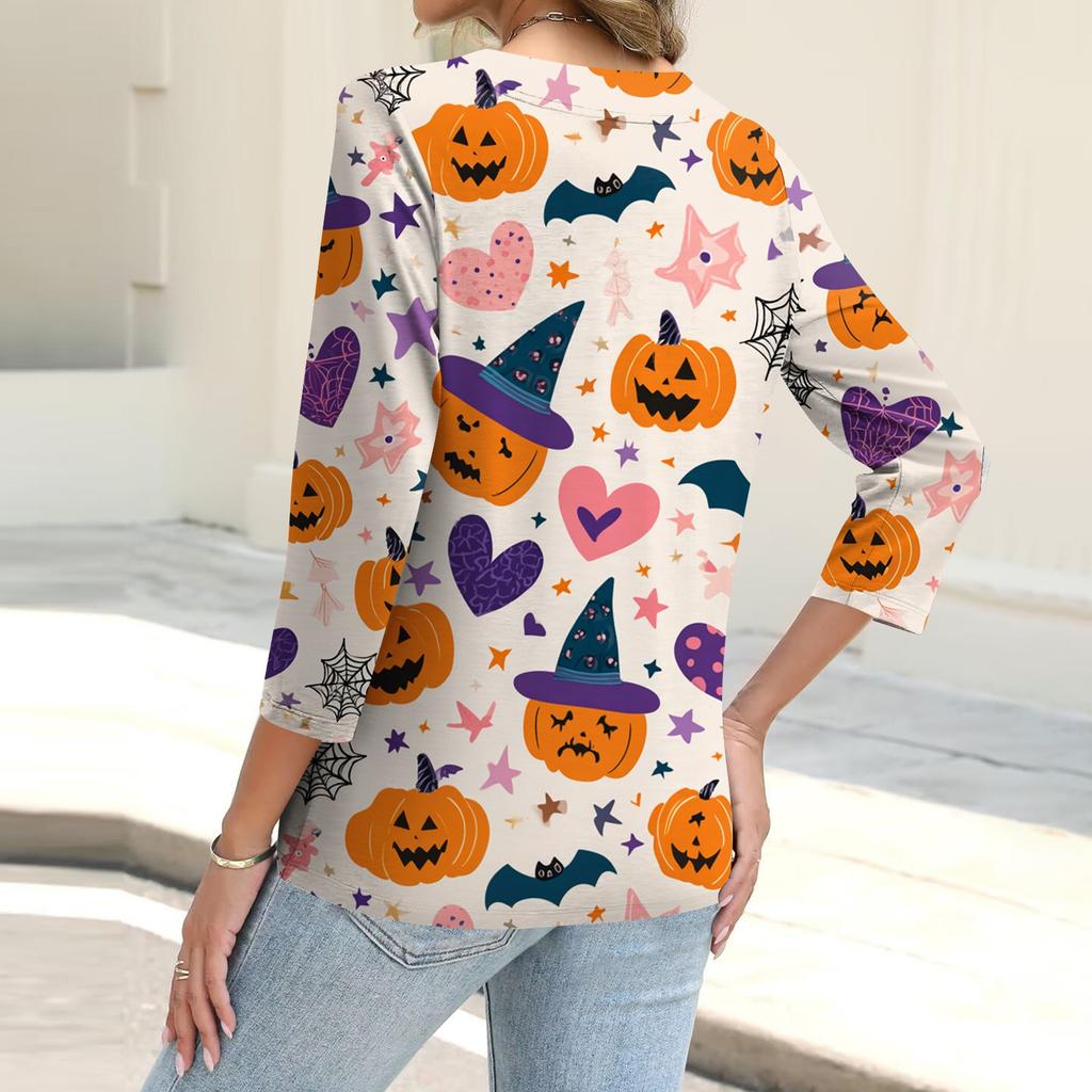 Damenmode Lässiges bedrucktes Button-Down-Hemd 3/4 lange Ärmel Oberteile