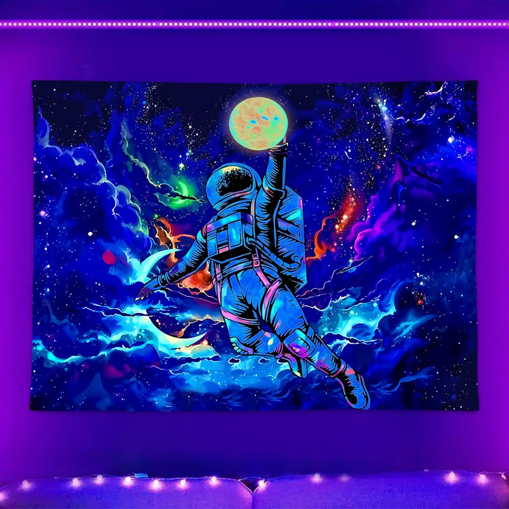 1pc Astronaut Space Fluorescent Tapestry, UV Black Light Space Alien Tapestry, Cool Galaxy Space Starry Sky Hanging