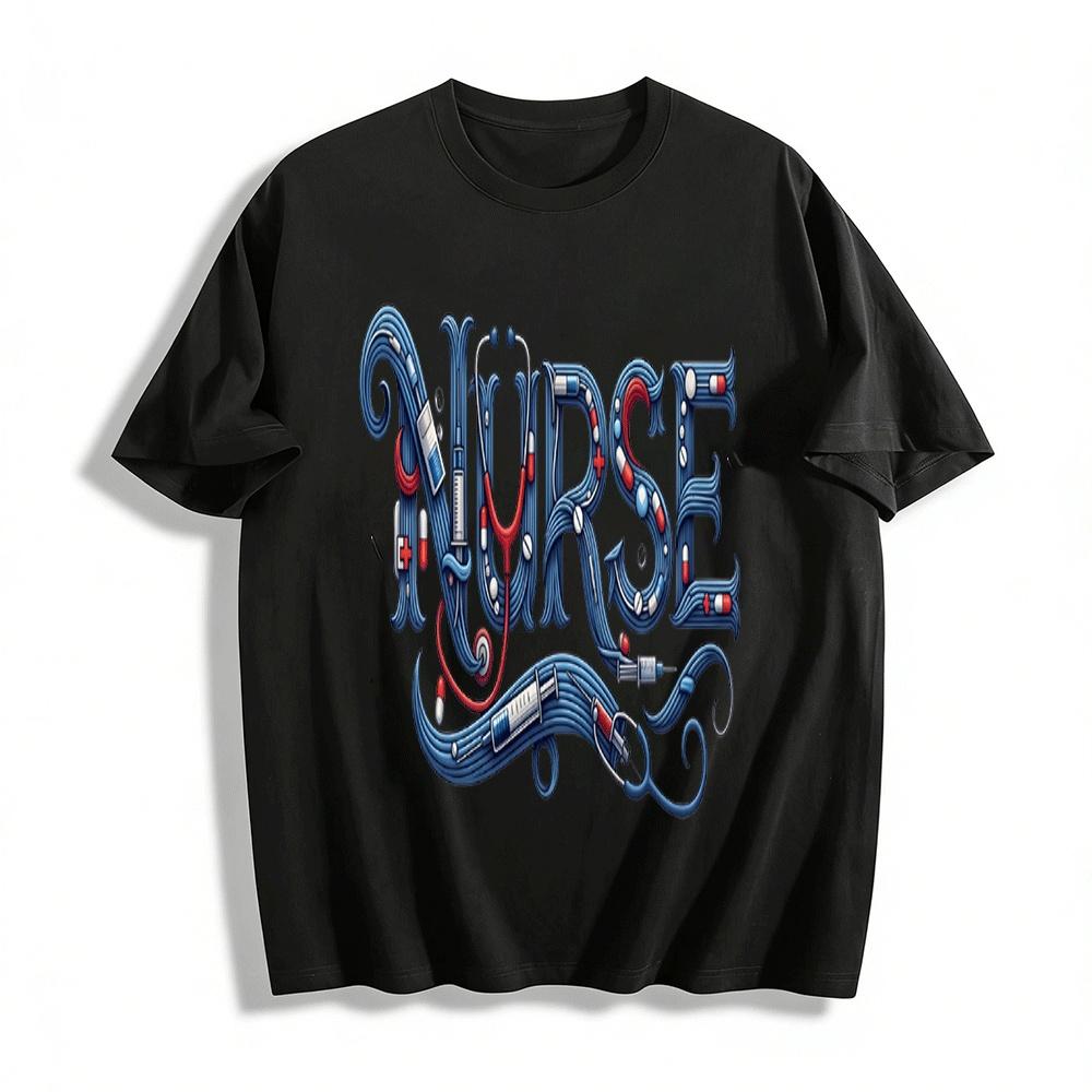Nurse Themed Graphic Tee Medical Element Print Casual Top Pure cotton T-shirt XXS