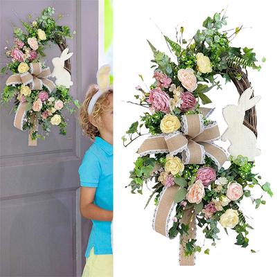 Easter Bunny Wreath Easter Wreath with Bow Rabbit Wreath Hanging Wreath for Home Door Garden Party Holiday Decorations