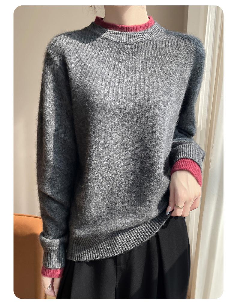 Women's Pink Color Block Wool Sweater: Autumn/Winter, Loose, Thick, Round Neck, Fake Two-Piece, Lazy Knit Base Layer