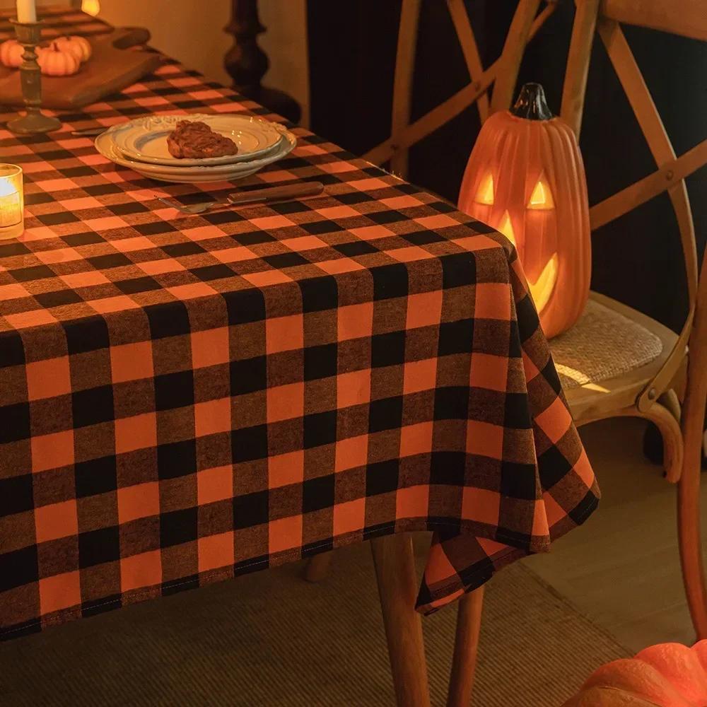 

Halloween Plaid Tablecloth Home Kitchen Table Decorate Holiday Atmosphere Tablecloth Black Orange Plaid Rectangular Table Cloths 100x140cm