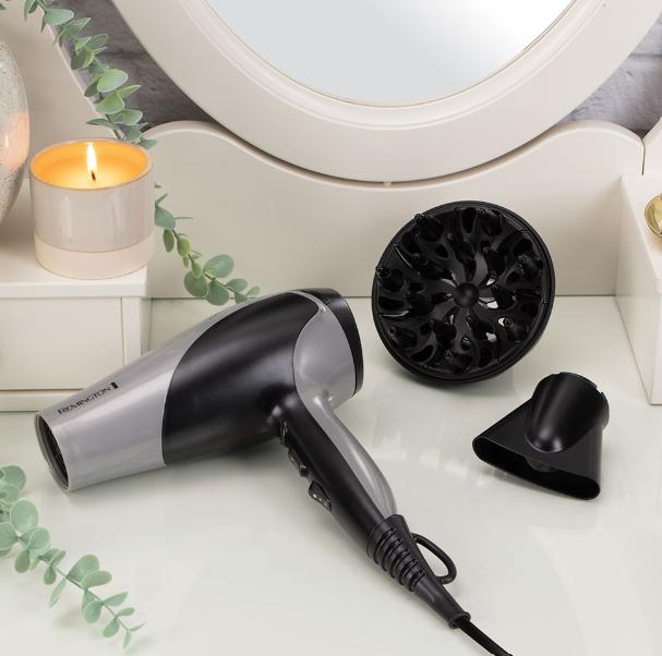 Remington Hair Dryer | D3190S | 2200W | 3 Temperature Settings | Ionizer | Diffuser Nozzle | Gray/Black