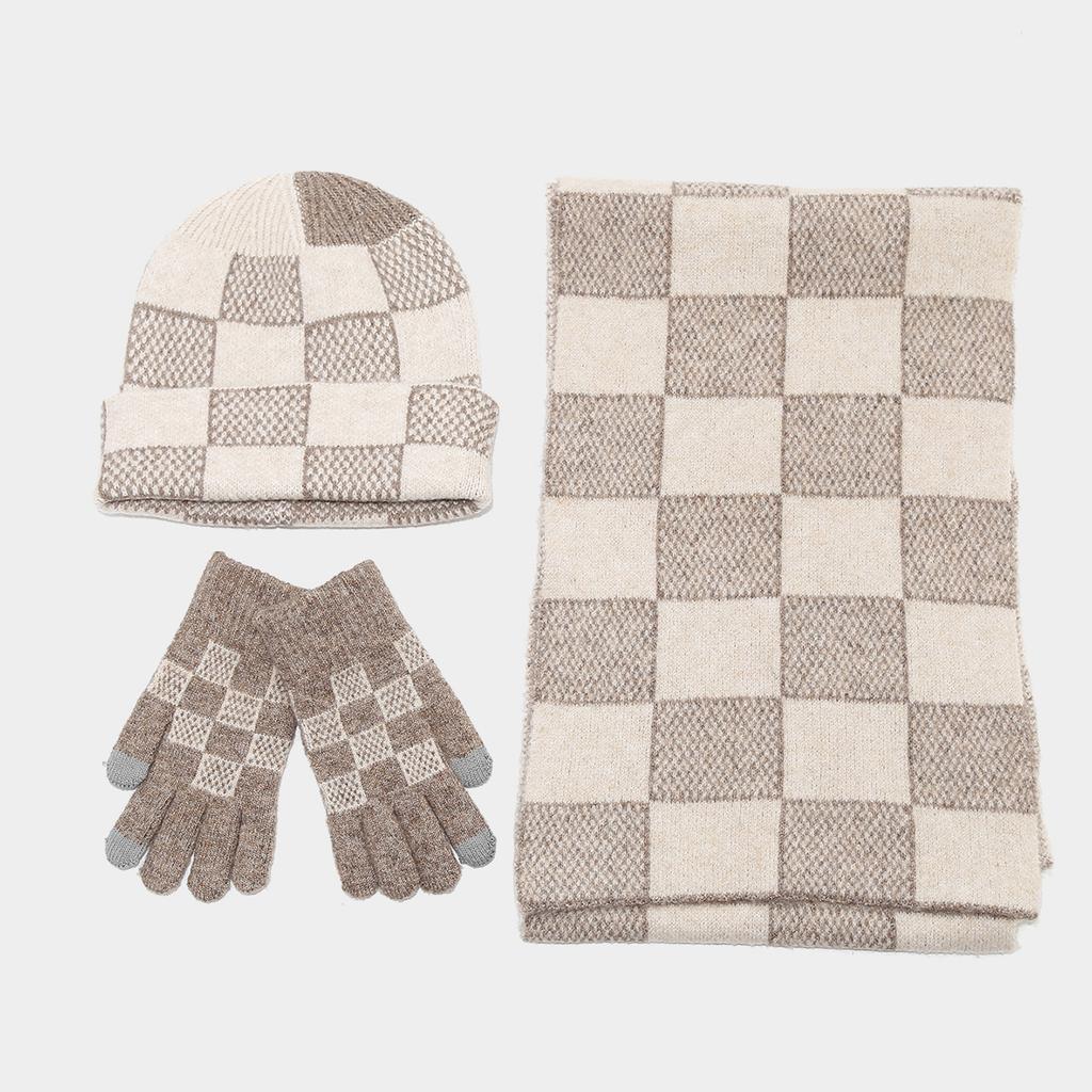 Unisex Vintage Kockás Kalap, Sál és Kesztyű Szett, 3 Részes Téli Kiegészítő Ppároknak