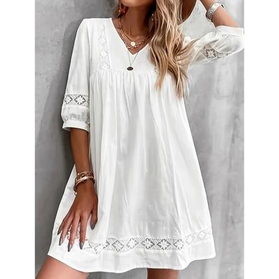 Lace Stitching V Neck Dress Vacation 3/4 Sleeve Loose Dress Women's Clothing