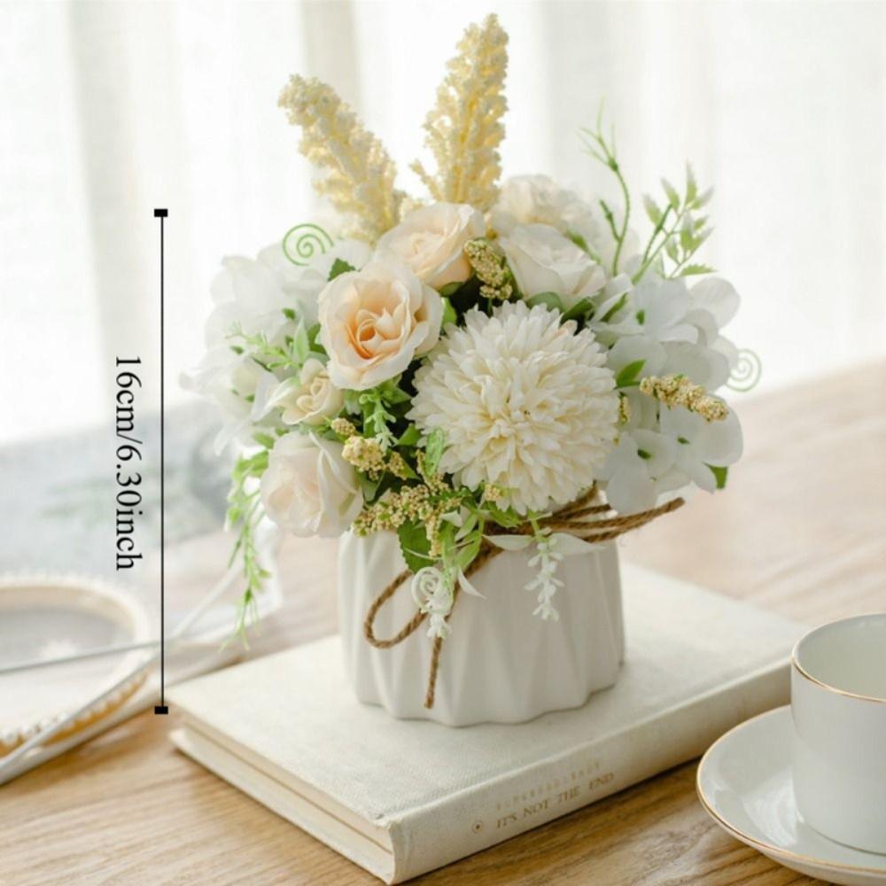Nordic Fake Flowers with Vase Silk Variety Balls Ceramic Vase Artificial Faux Plants Hemp Rope Rose Artificial Pot Flower