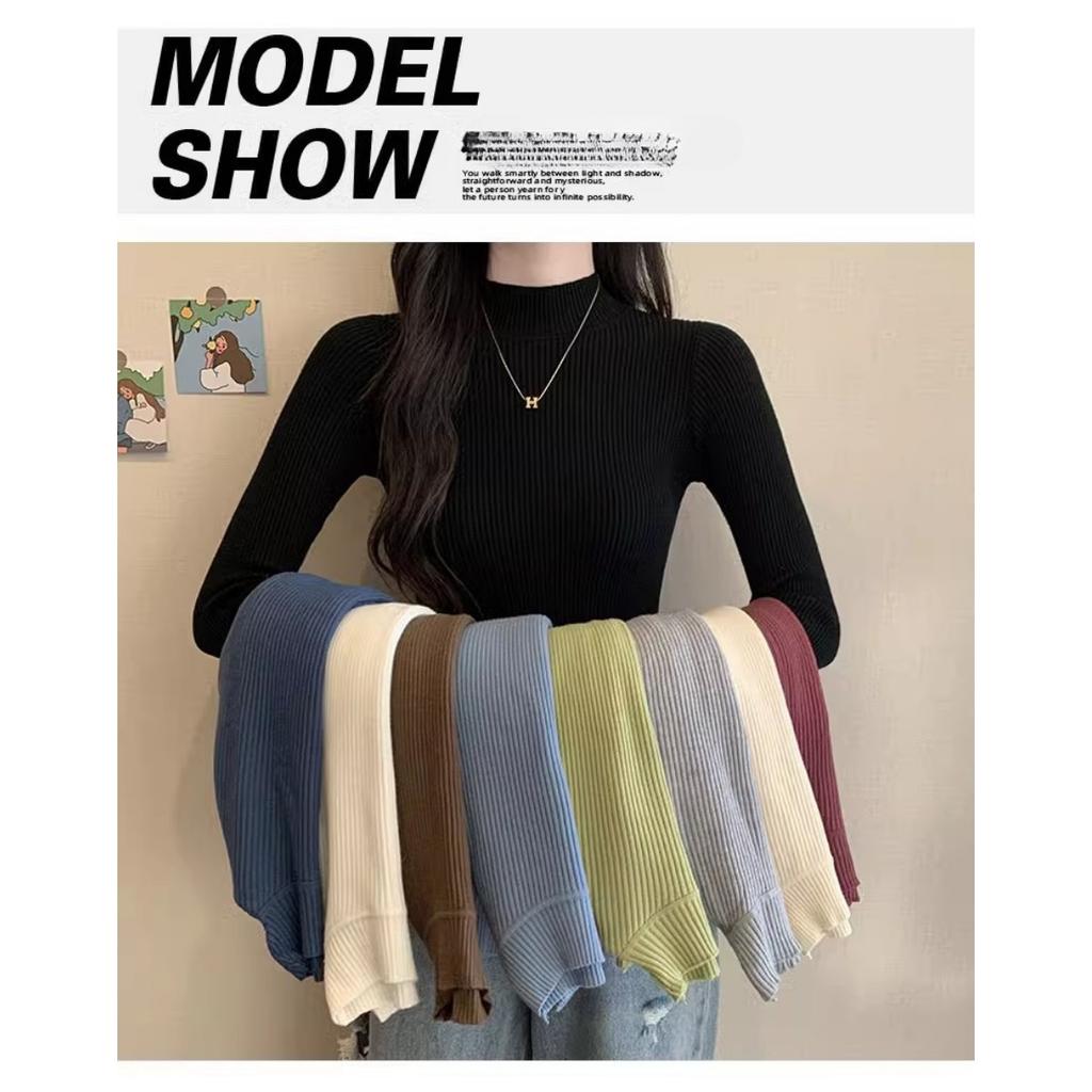 Spring and Autumn Winter Long Sleeve Sweater Women's Interior Tailored Bottom Shirt Half High Collar Korean Edition Knitted Shirt Women's Top