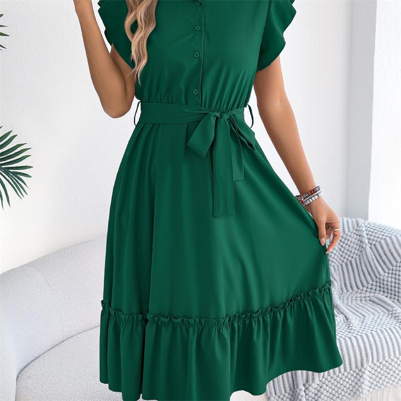 2026 Spring/Summer Women's Stand up Collar Ruffle Lace Waist Shirt Skirt S-XL