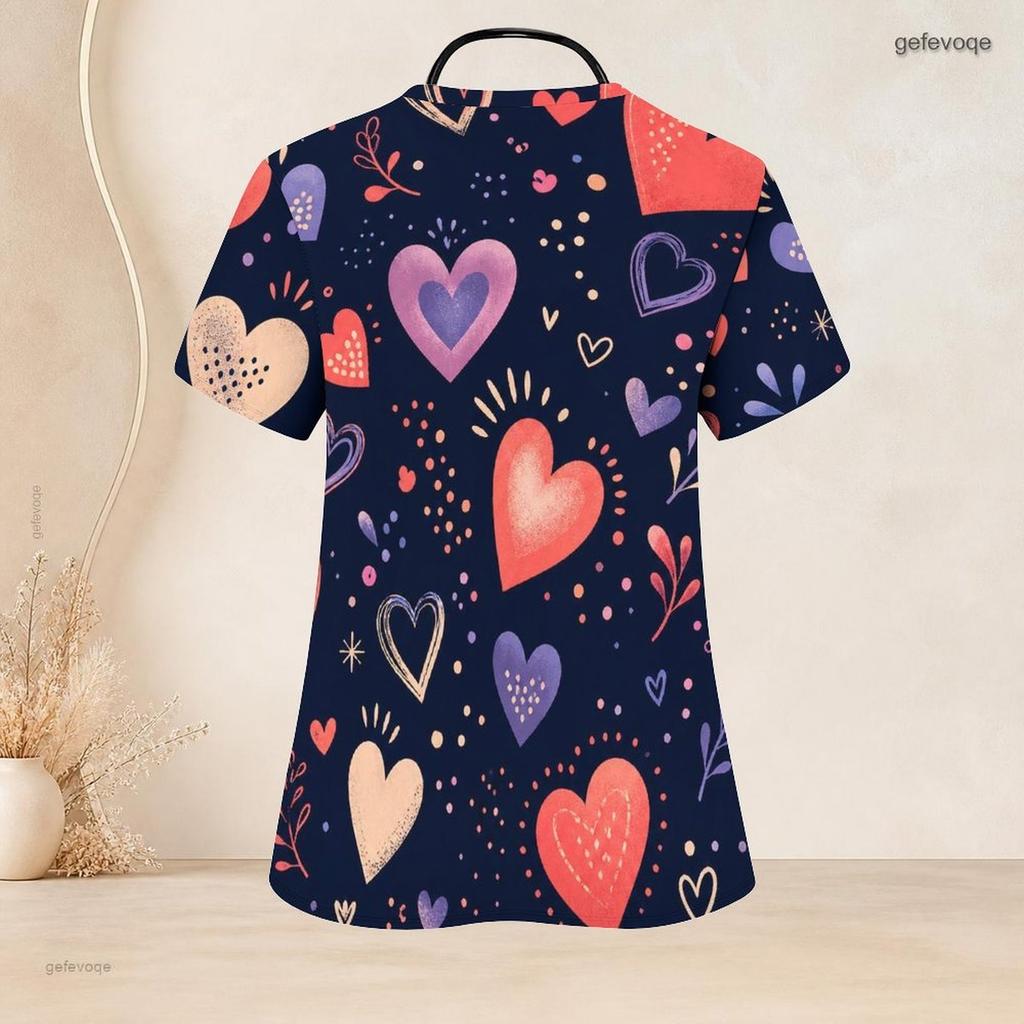Women Plus Size V Neck Short Sleeve Scrub Top Pink Watercolor Heart Valentine Print Nurse Uniform Top