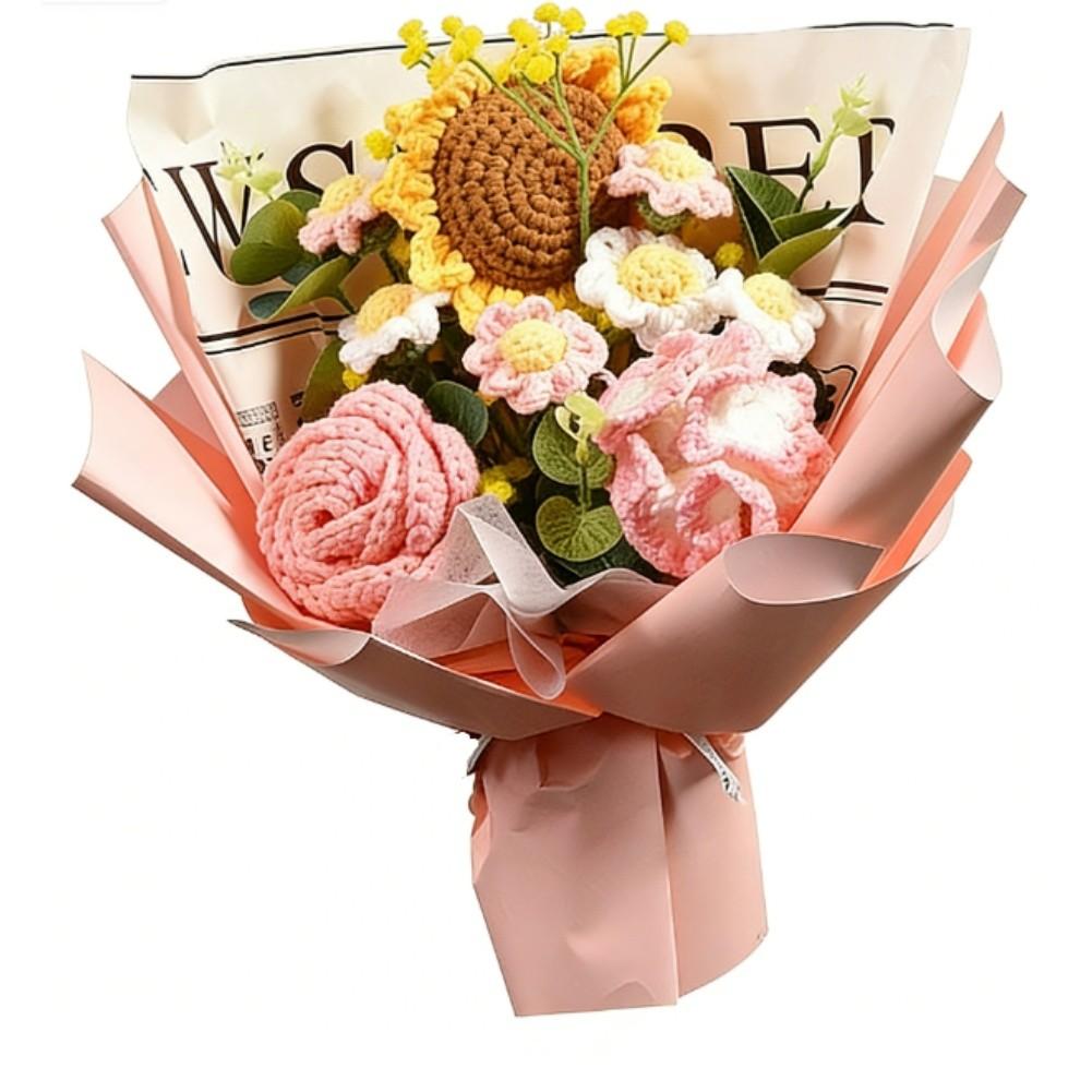 

Yellow Purple Pink Crochet Flower Bouquet Knitted with Precision 27 35cm Handmade Floral Display for Table or Wall розовый
