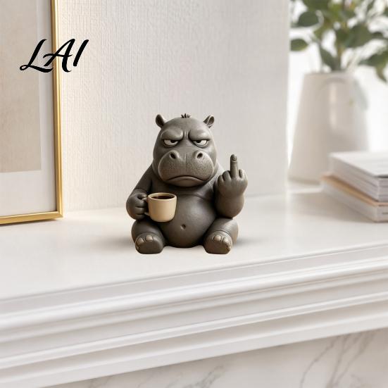 Funny Gorilla Hippo Elephant Figurines Middle‑Finger Figurine with Coffee Cup Resin Animal Statue Novelty Desktop Home Decor for Living