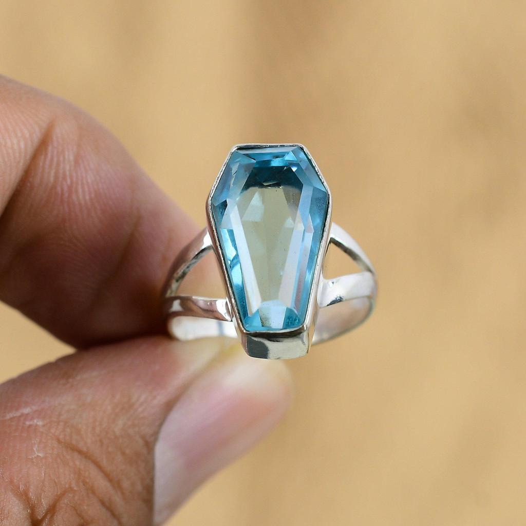 925 Sterling Silver Natural Swiss Blue Topaz Coffin Multi Stone Ring Size 7.75