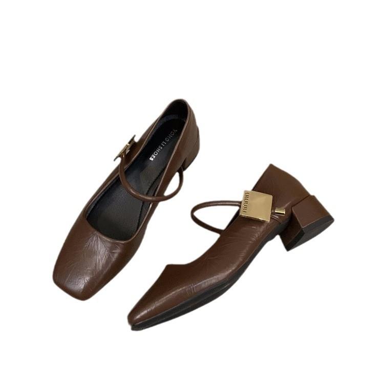 French Black Thick Heel Mary Jane Single Shoes Women'S Shoes Spring Medium And High Heel Square Head Evening Shoes