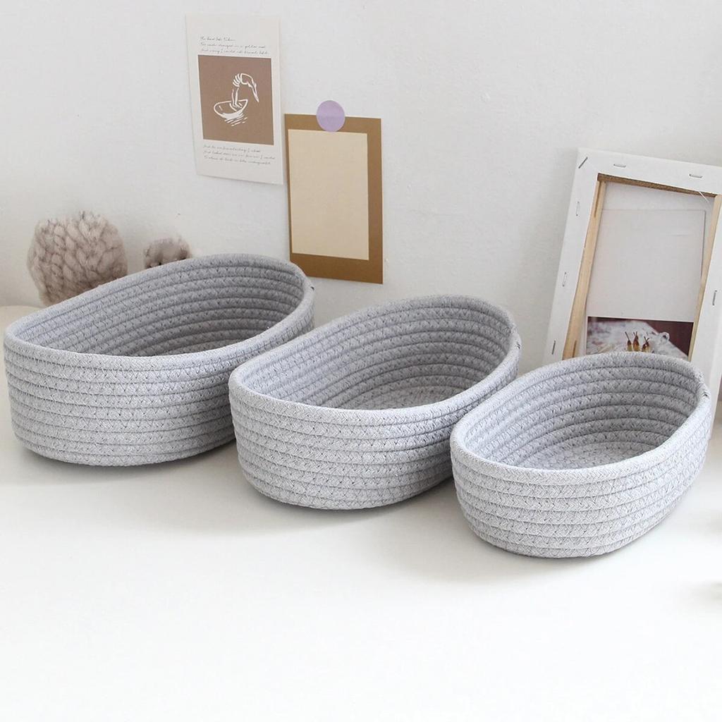 Gray Cotton Woven Desktop Miscellaneous Storage Basket For Cosmetics Snacks Hand Woven Storage Basket For Boat Shaped Clothing S