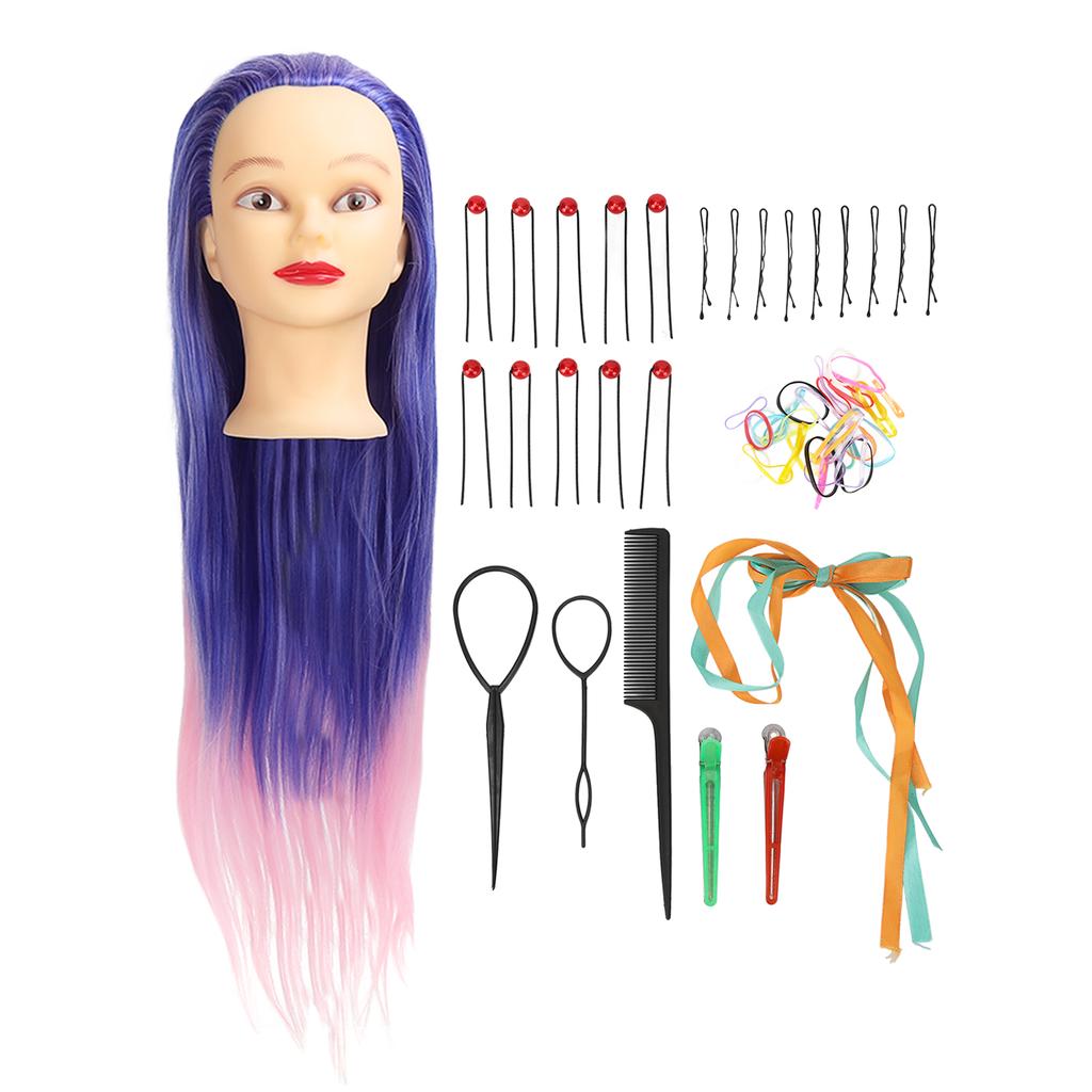 Long Hair Mannequin Head Synthetic Fiber Blue Pink Gradient Portable Cosmetology Mannequin