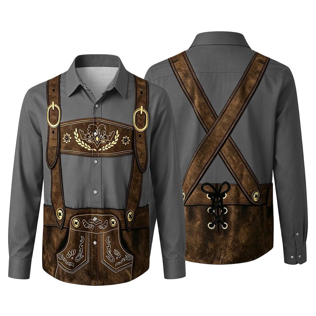 Camicia da uomo per l'Oktoberfest con stampa 3D, vestibilità larga, manica lunga, colletto, casual, stile vintage, traspirante, per lavoro, festival all'aperto, festa