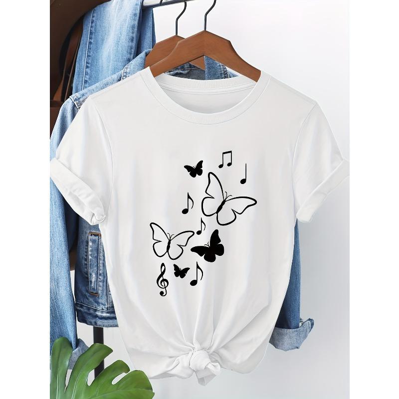 European Size European Size Short-Sleeve T-Shirt with Butterfly Note Pattern Print S белый