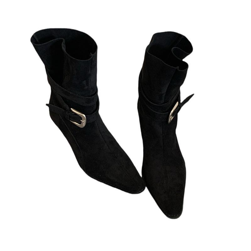 Short boots for women's autumn and winter new retro thin boots Martin boots thick heel pointed mid-tube boots wrinkled stacked boots for women