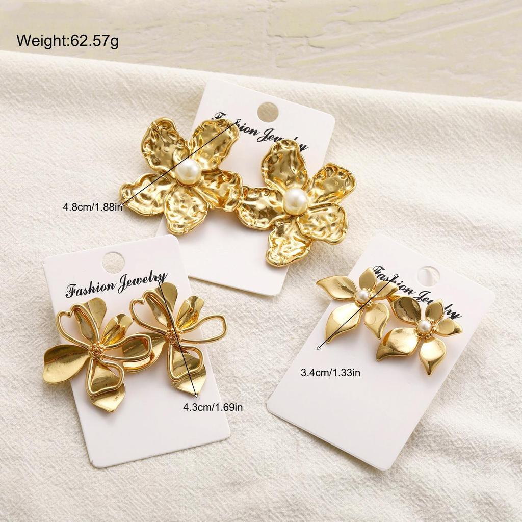 3 Pairs Gold Color Floral Pearl Earring Set For Women Chunky Petal Irregular Textured Statement Stud Earring Trendy Boho Jewelry