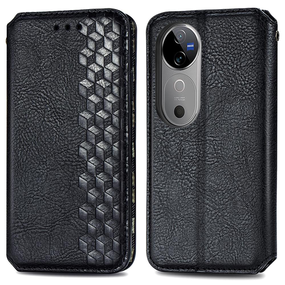 

For vivo V40 5G PU Leather Case Rhombus Imprint Wallet Stand Phone Cover Black