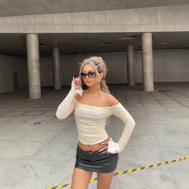 Amazon European and American Women's Clothing 2026 Spring New Arrivals Sexy Off-Shoulder Slim Mesh Bell-Sleeve Long-Sleeve T-Shirt for Women