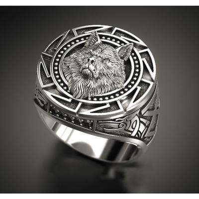 Zhenrong Retro Wolf Totem Thai Silberring, Nordische Mythologie Wikinger Krieger Wolfskopf Herrenring