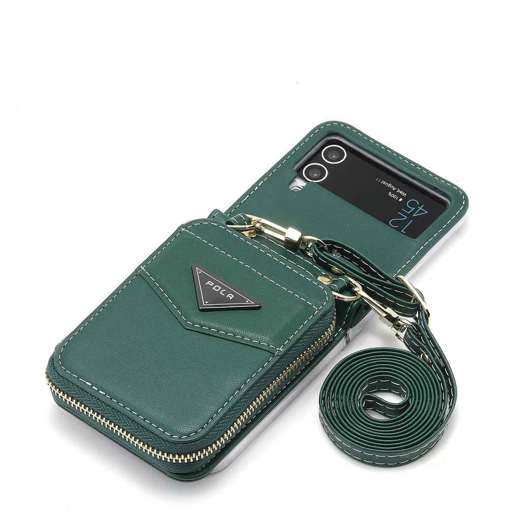 Crossbody Leather Bag Wallet Zipper Purse Case for Samsung Z Flip 6 5 4 Flip3 Neckstrap Shoulder Strap Card Holder Pocket Cover