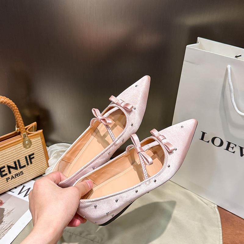 

New autumn satin high heels women s small shallow mouth inner heightening bow rhinestone commuter shoes 39