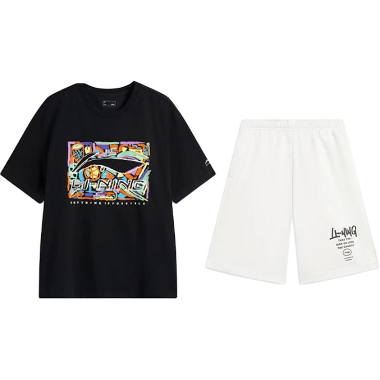 Li-Ning Fashion Letter Print Personality Trendy Versatile Round Neck Pullover Short Sleeve T-Shirt Casual Sports Suit Unisex Tops AHSV291-2+AKST593-7