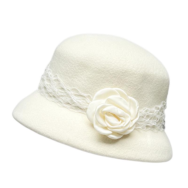 Lace Flower Ornament Textured Top Hat Socialite Woolen Hat Temperament Warm Bucket Hat