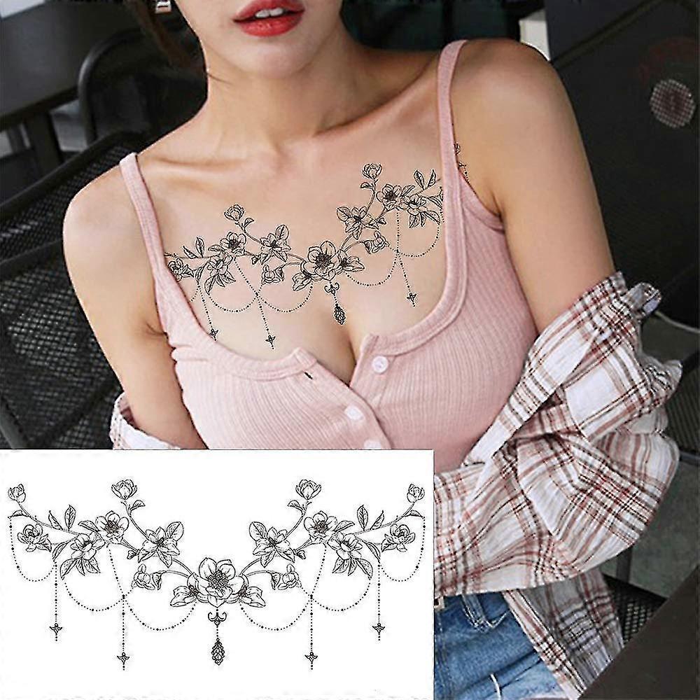 6 Sheets Black Underboob Tattoo For Women, Flower Moon Bowknot Rose Designs Temporary Tattoo Stickers On Chest Waist