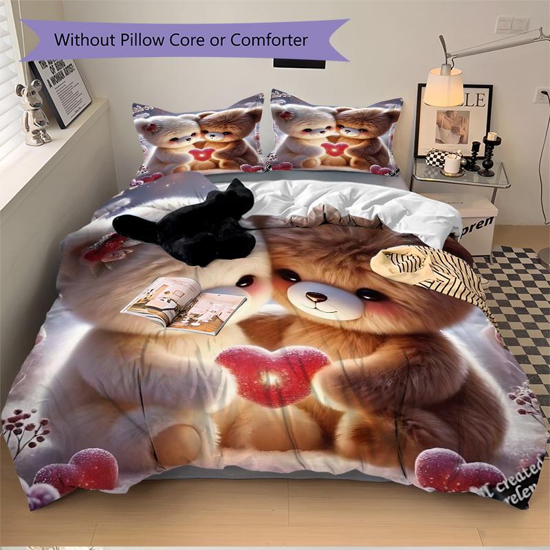 

3pcs Anime Teddy Bear Bedding Set - Includes One Quilt Cover and Two Pillowcases (No Core) - Polyester Fabric, Perfect for Bedroom and Guest 135x200cm