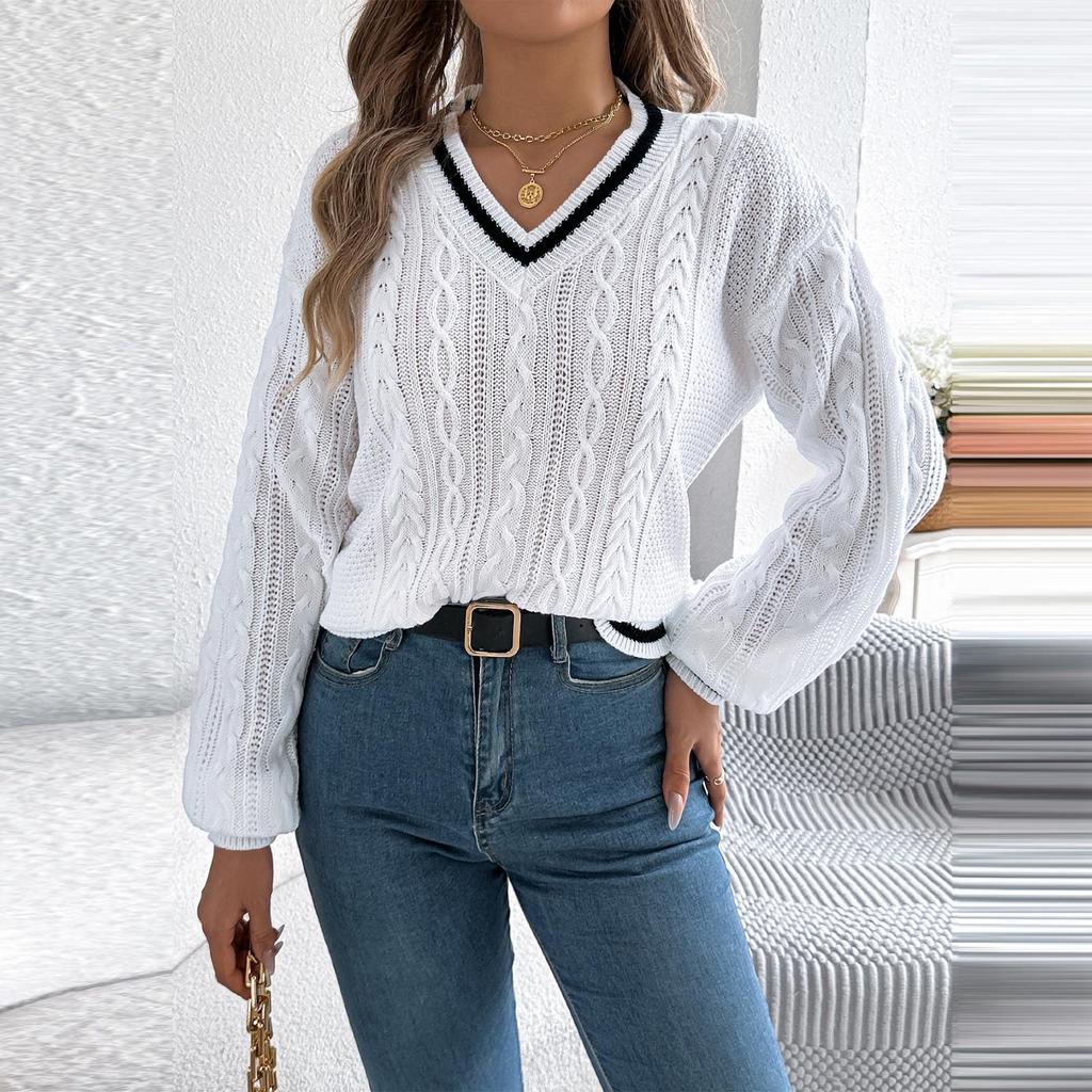 Women's Color-blocking V-neck  Long-sleeved Sweater