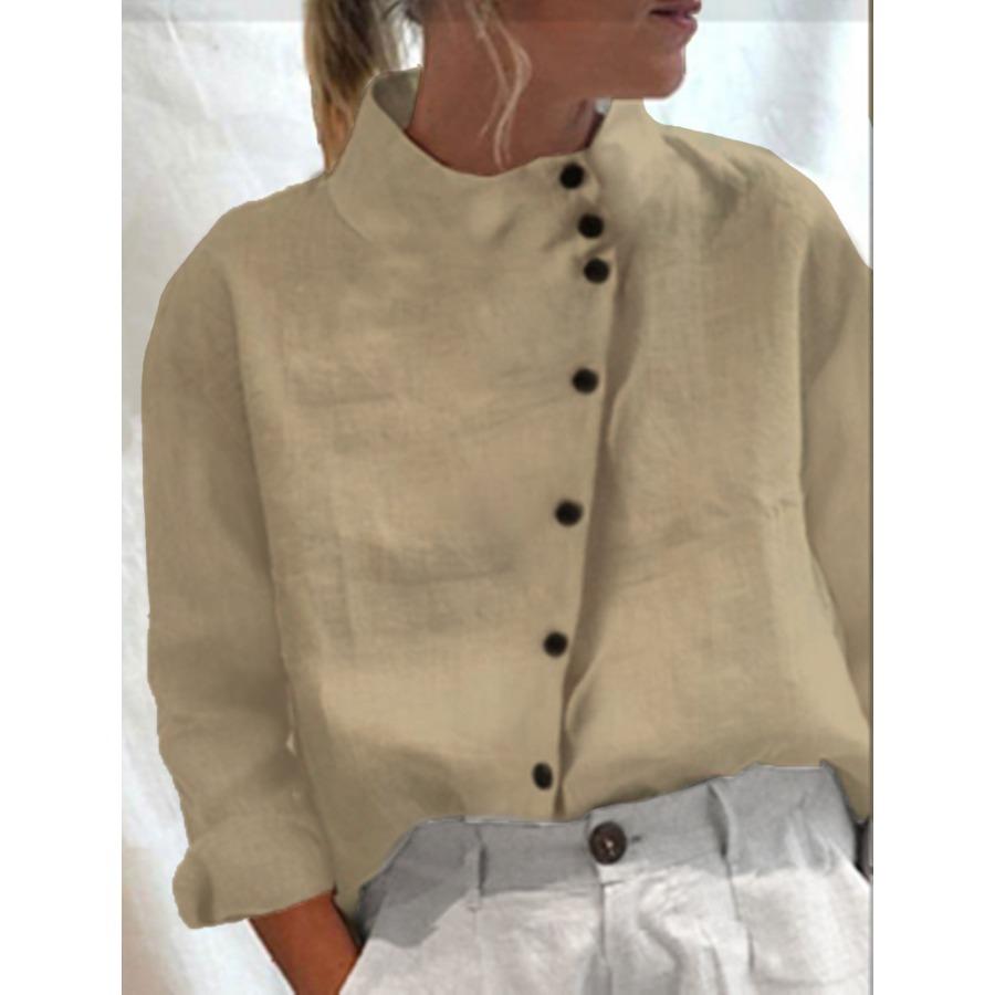 Womens Casual Blouse Spring Side Button Cotton Blouse Solid Color Long Sleeve Linen Tops Casual Ladies Breathable Shirt