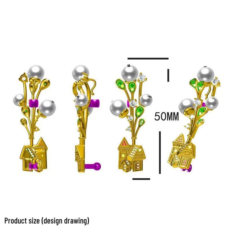 Fairy Tale Up House Brooch Set: Gold-Plated Copper with Zirconia and Pearl Corsage, Western Retro Style.