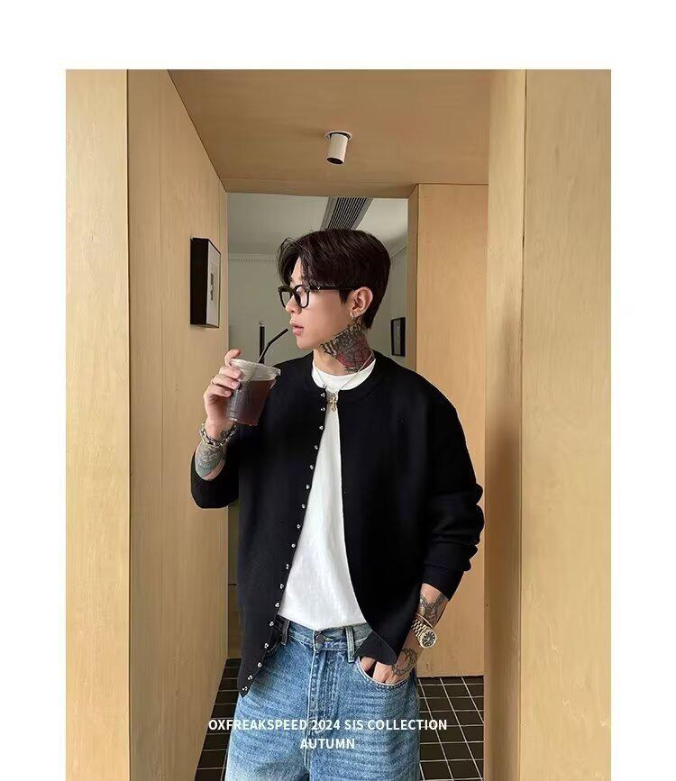 Men's 2024 Autumn/Winter Metal-Studded Cardigan Knitwear - Versatile Loose-Fit Coat