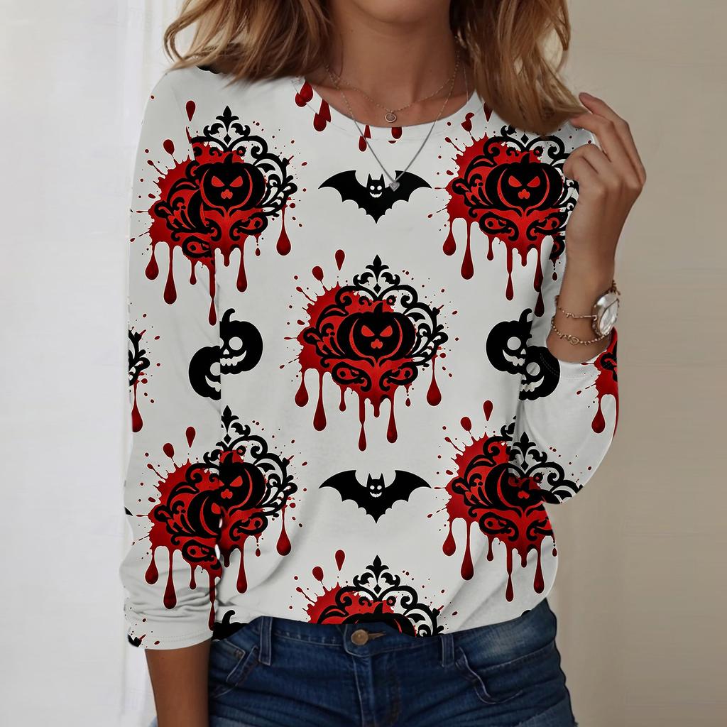 Women's Casual Long Sleeve Pullover Sweatshirt Halloween Print Crew Neck Top Loose Fit Lightweight Comfortable Fabric