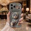 Grey Fluffy Teddy Bear Lucky Rhinestone Wavy Edge Phone Case For iPhone 17 16 15 14 13 12 11 8 7 Plus Pro Max Soft Cover
