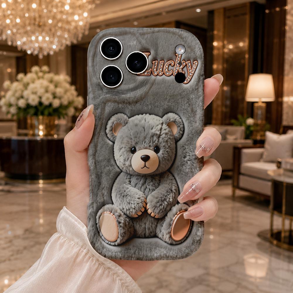 Grey Fluffy Teddy Bear Lucky Rhinestone Wavy Edge Phone Case For iPhone 17 16 15 14 13 12 11 8 7 Plus Pro Max Soft Cover