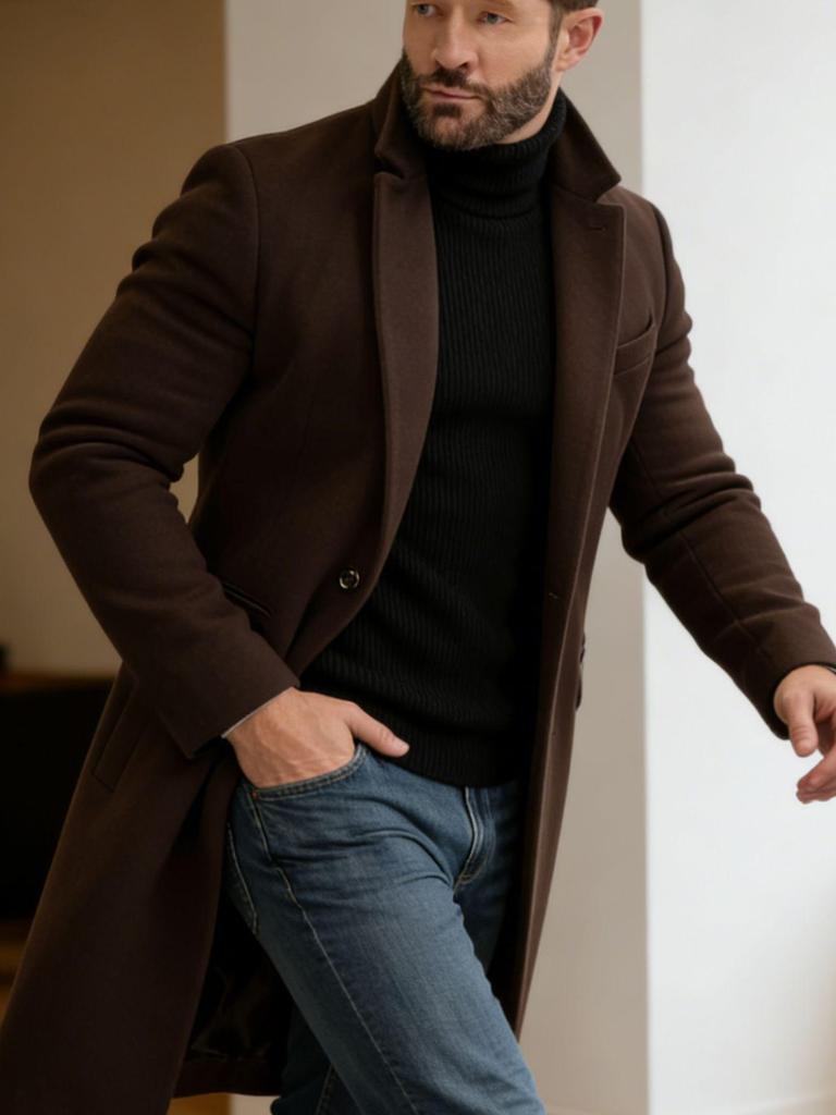 2025 European Men's Woolen Mid-Length Single-Breasted Fashion Overcoat