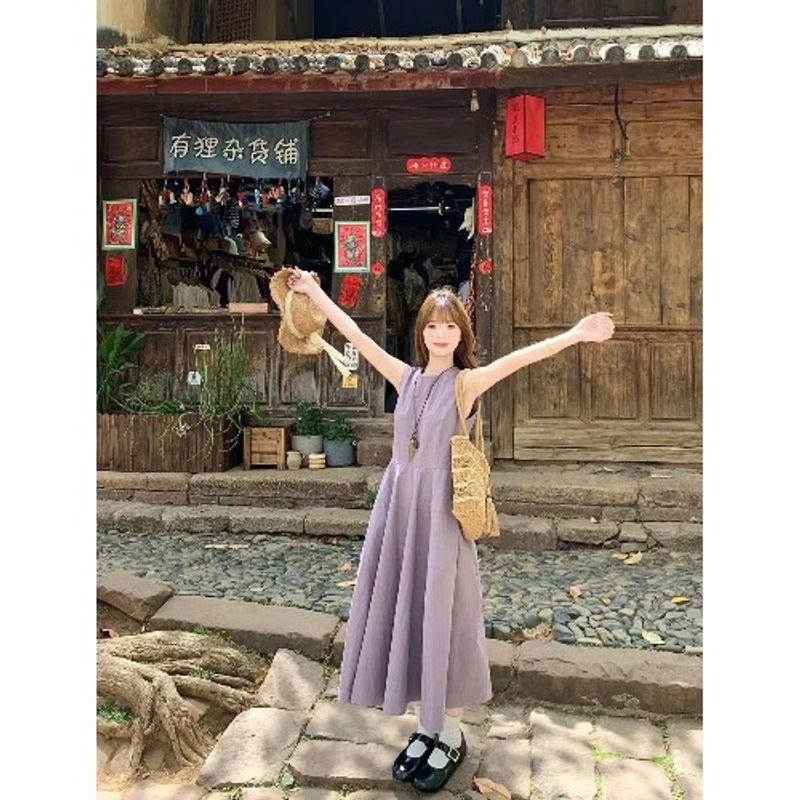 

Kumikumi Gentle Style Solid round Neck Vest Dress Women Summer French style Age-Reducing Slimming A- line Skirt Long dress Gray purple L