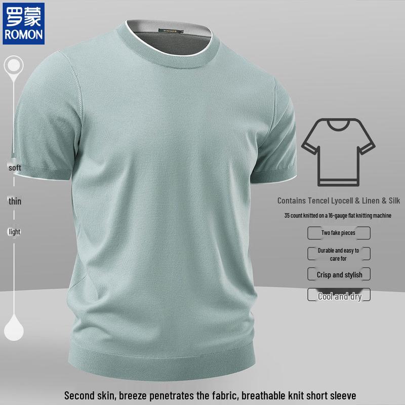 ROMON Men s Linen & Silk Blend Fake Two-Piece Knit Short Sleeve T-Shirt L