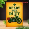 Vintage Metal Wall Art Plaque  Ready for Duty Sign with Green Motorcycle  Star Design MustardYellow Background Retro Hom